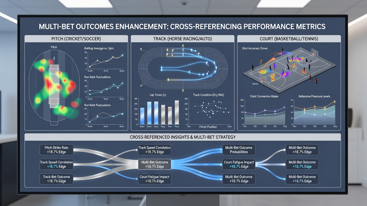 Analyst workstation showing synchronized charts of pitch possession trends, track sectional times, and court rally statistics for multi-bet evaluation