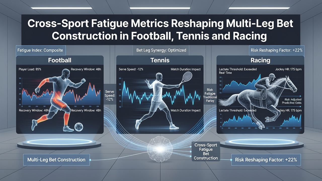 Infographic illustrating fatigue metric integration between soccer player loads, tennis match recovery scores, and horse racing stride analysis for accumulator construction