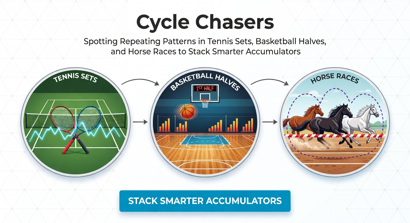 Tennis player serving during a tense set, with basketball court and horse race track blurred in the background, illustrating pattern spotting across sports