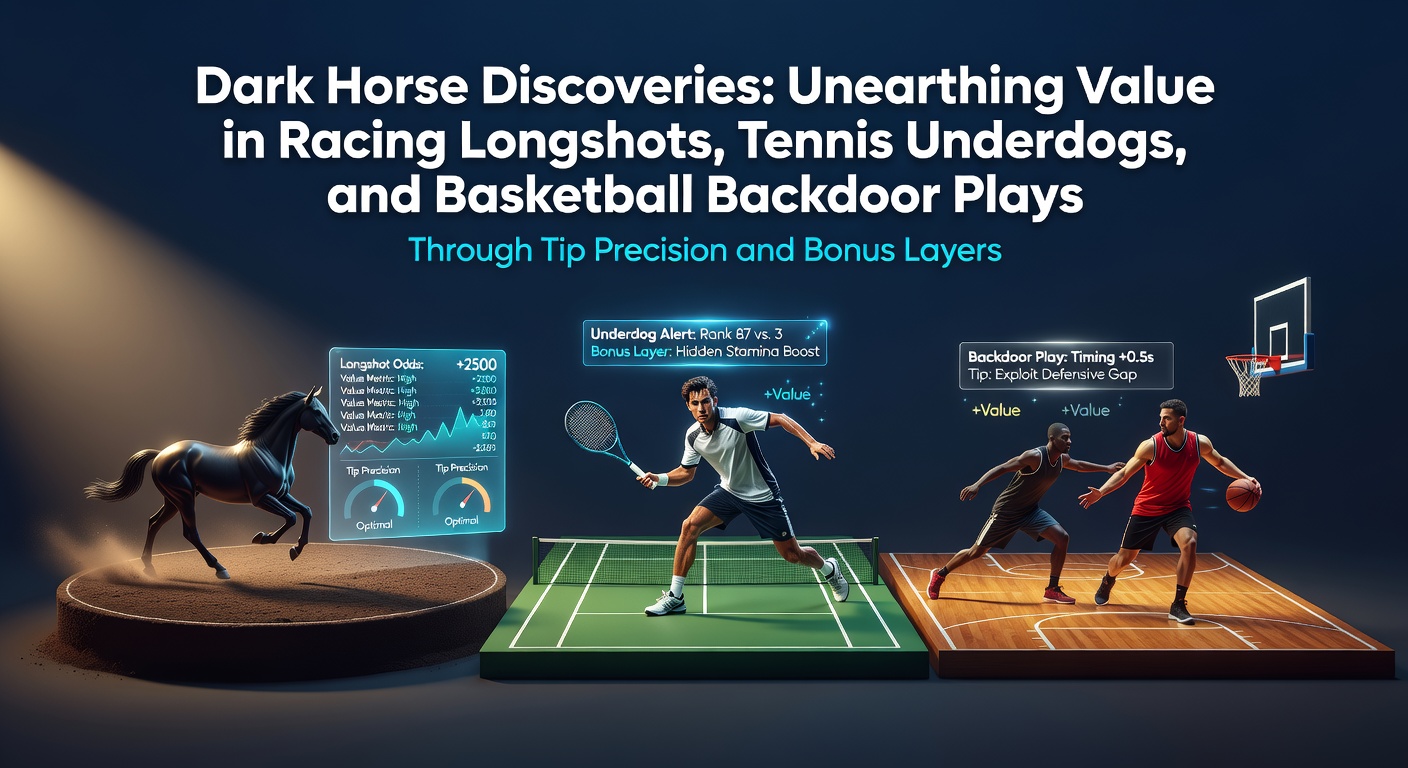 A dynamic scene capturing a horse racing longshot surging ahead in the final stretch, a tennis underdog celebrating a match-winning point, and a basketball player sinking a late backdoor layup