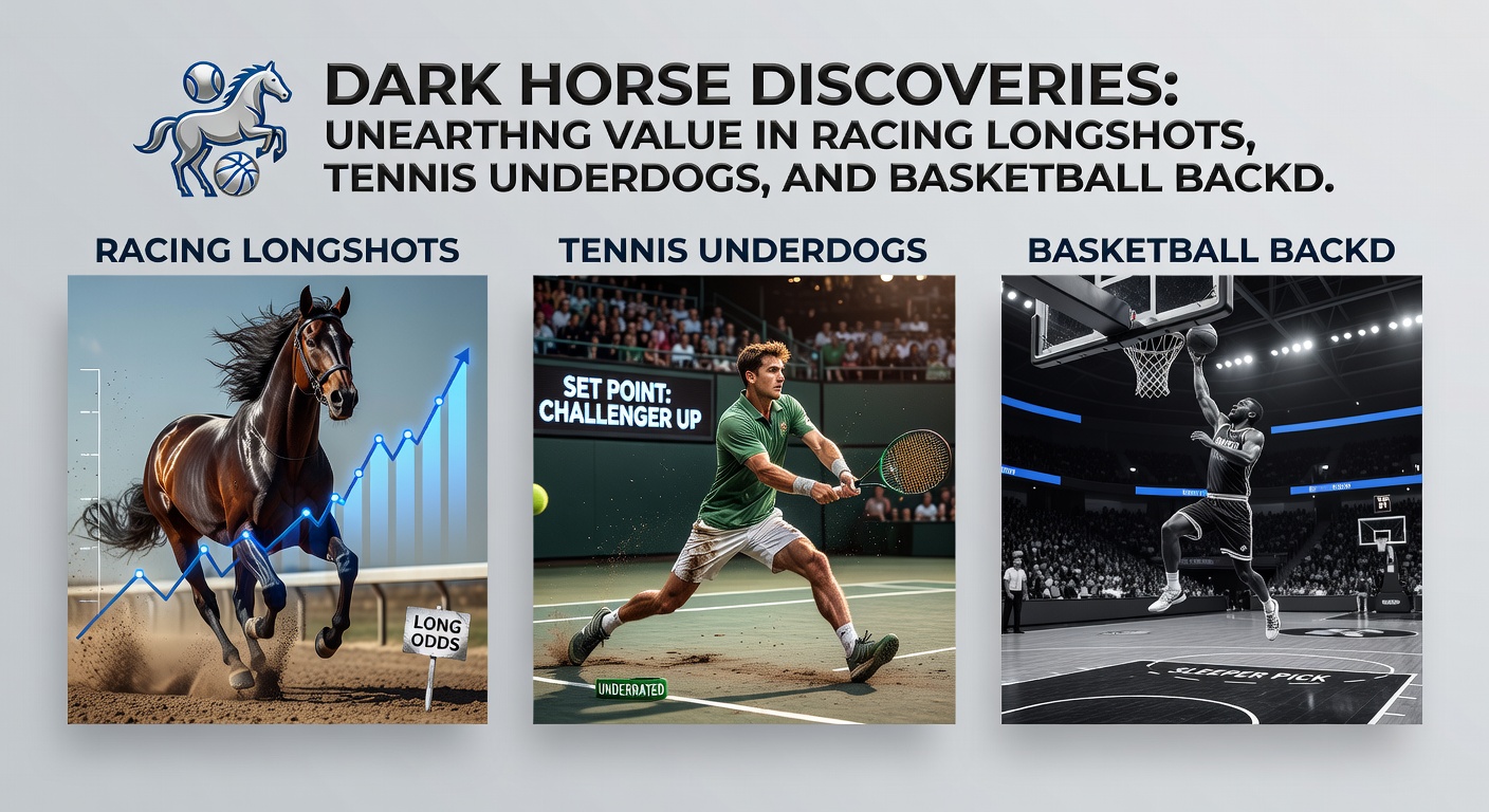 Close-up of a tennis underdog leaping for a forehand winner on clay, overlaid with charts showing momentum shifts and a basketball backdoor pass threading the defense