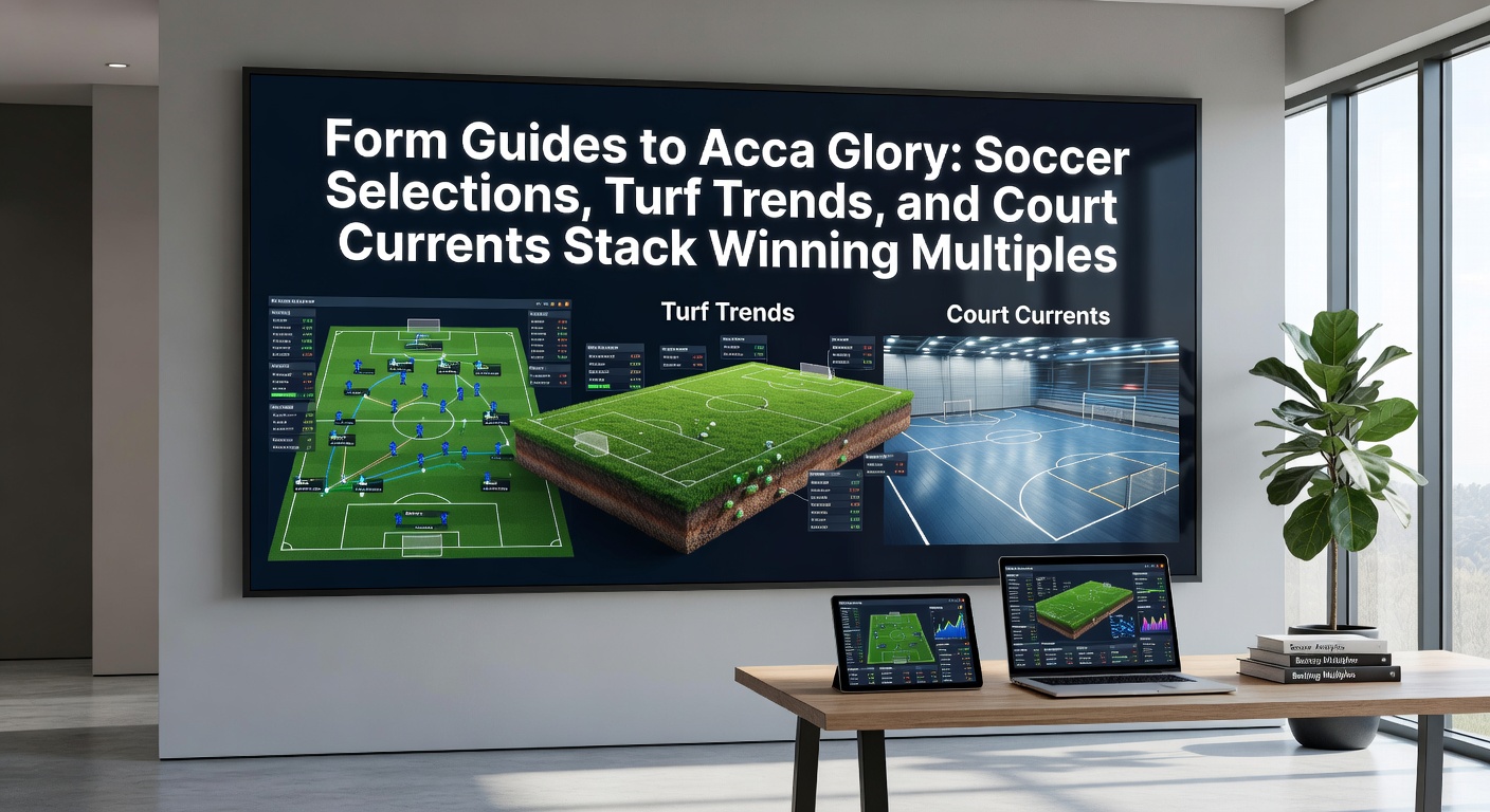 Visual breakdown of soccer form charts alongside horse racing turf analysis and tennis court momentum graphs illustrating accumulator building strategies