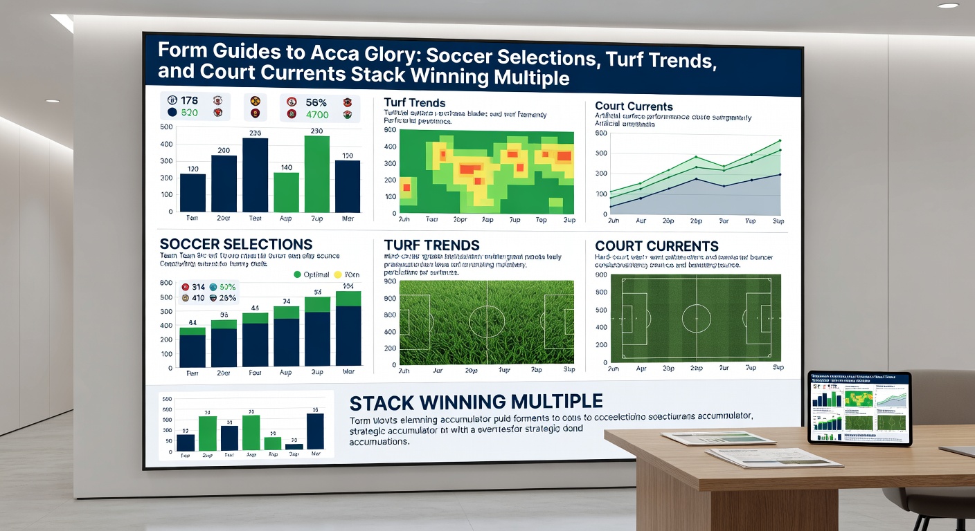 Dynamic infographic merging soccer goal trends, horse racing form lines, and tennis serve dominance charts to demonstrate stacking accumulators