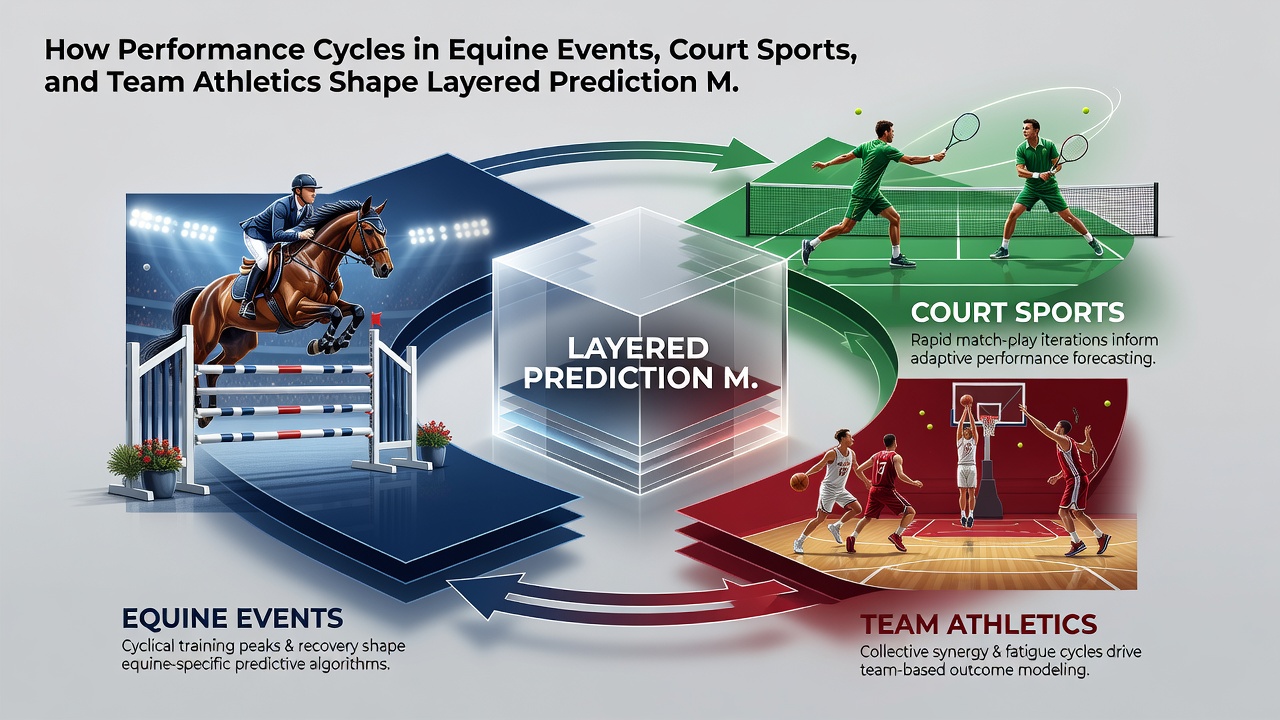 Data visualization of layered prediction models combining equine, tennis, and basketball performance cycles