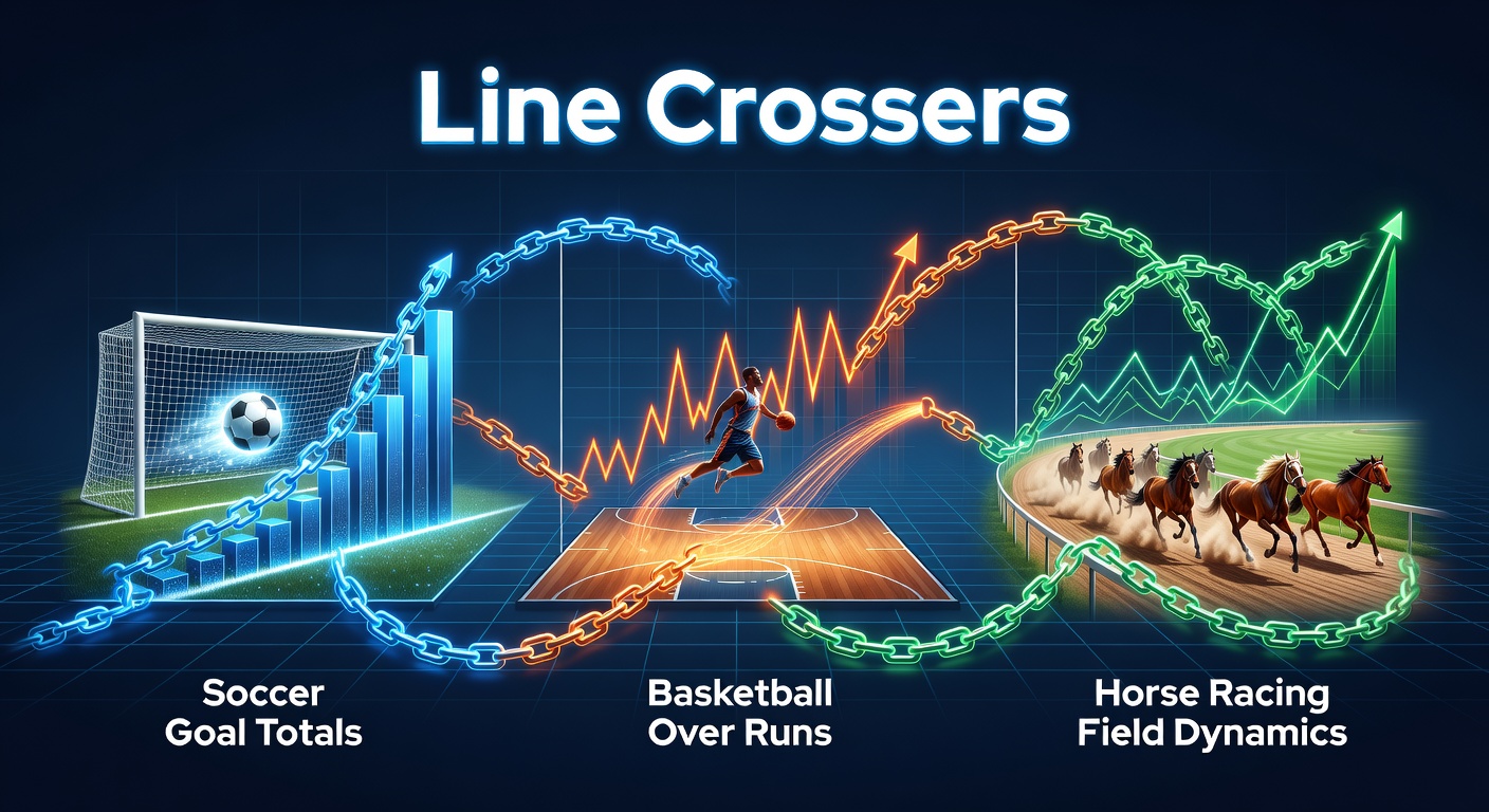 Dynamic graphic showing soccer goals exploding over lines, basketball scores surging past totals, and horse racing fields shifting positions mid-race