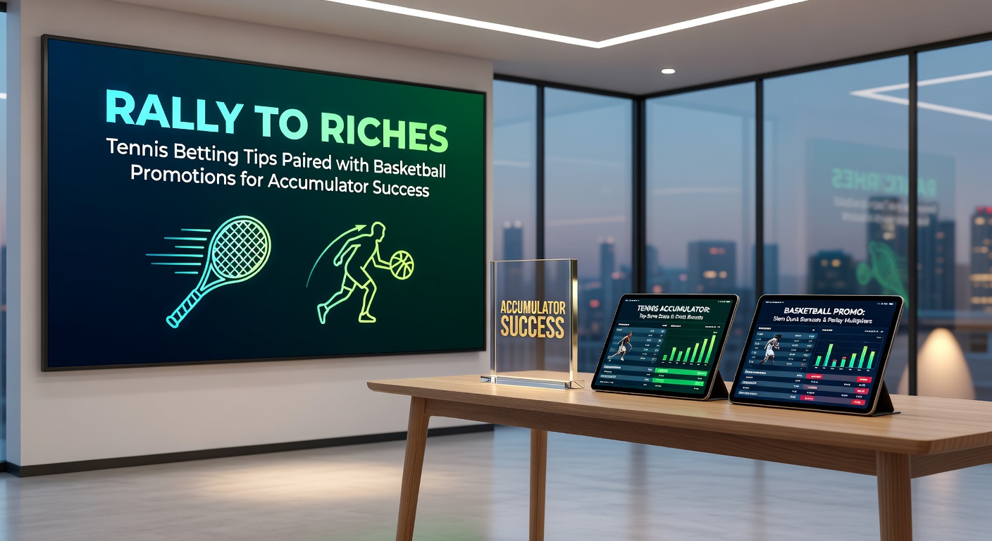 Dynamic split image of basketball player driving to hoop alongside tennis serve, representing promo-enhanced accumulator builds