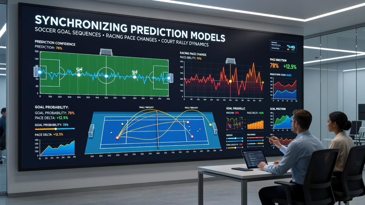 Visualization of live data streams from soccer, racing, and tennis feeding into a synchronized prediction dashboard