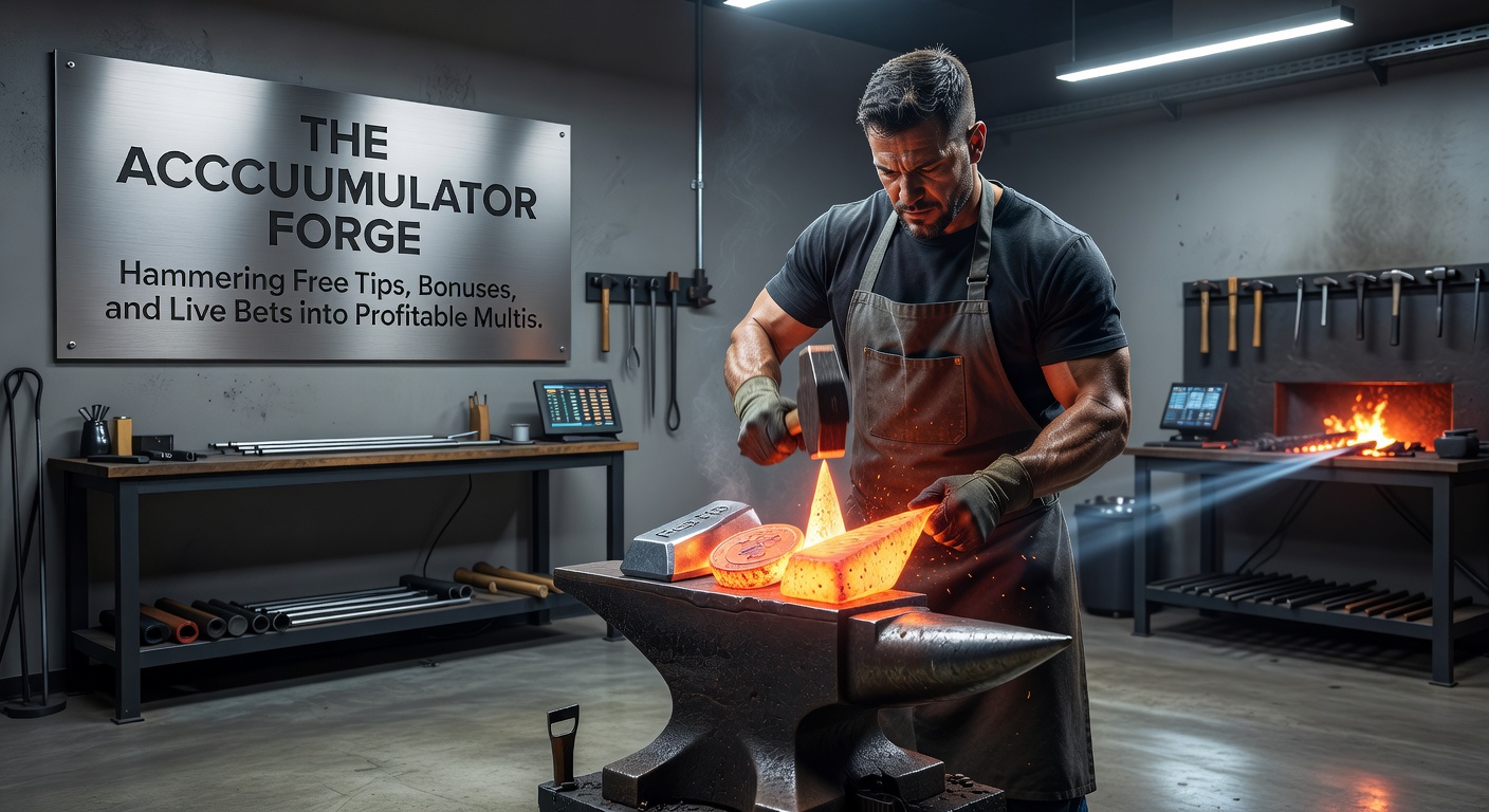 Digital forge illustration showing glowing accumulator bets being hammered from tips, bonuses, and live action into solid multis