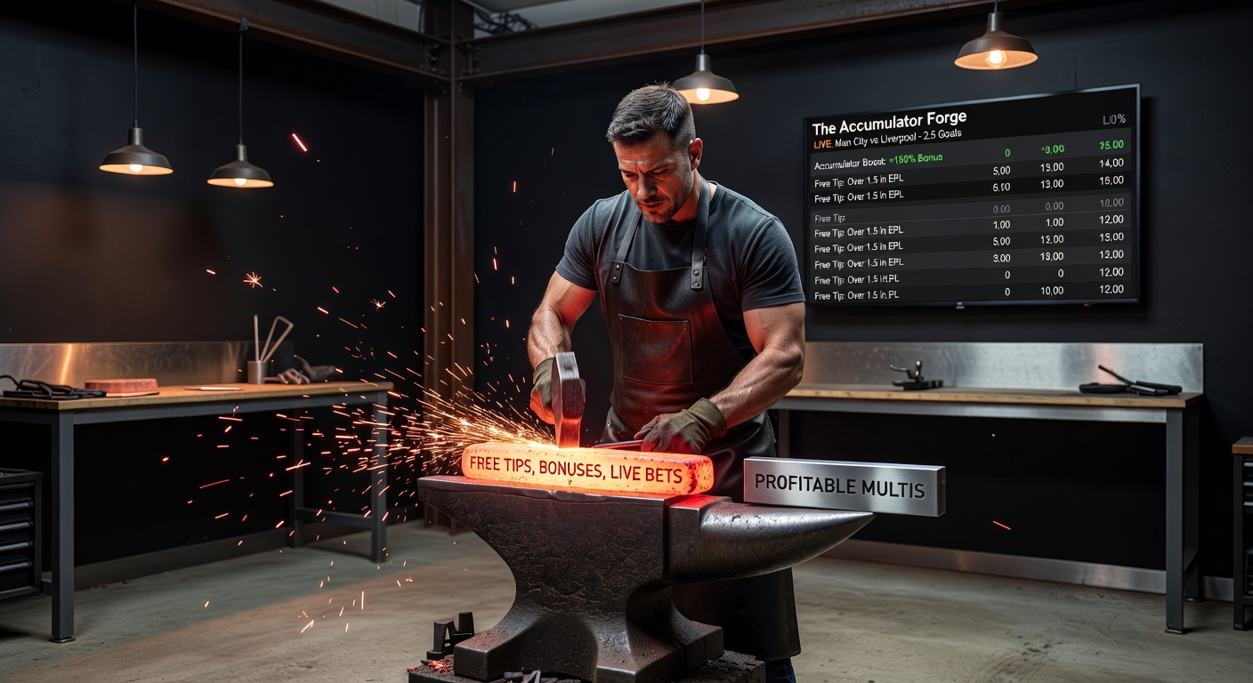 Dynamic image of betting bonuses hammering glowing tips into a multi accumulator on a digital anvil amid live sports action