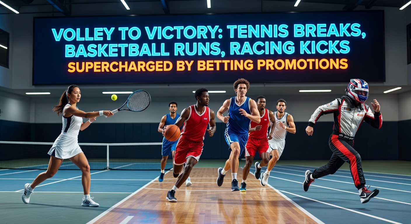 Collage of betting interfaces highlighting promotions on tennis break bets, basketball run props, and horse racing kicker specials, with glowing odds boosts and free bet icons