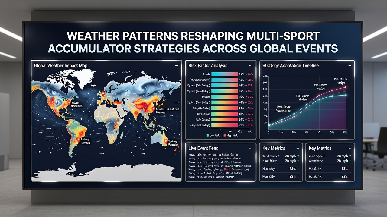 Sports bettors reviewing data screens with weather overlays for tennis, basketball, and horse racing events across different time zones in July 2026